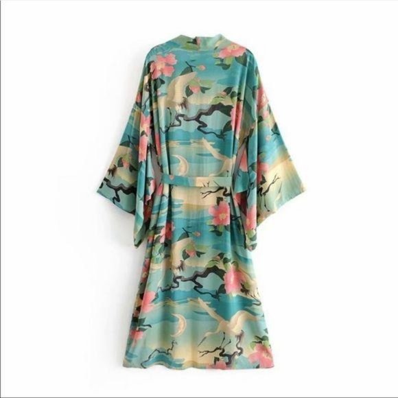 Boho Kimono Floral Bird Print Maxi Gypsy Coverup - Picture 4 of 5